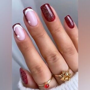 Santa Hat Press On Nails | 24 Piece Red Sparkle Christmas Nail Set